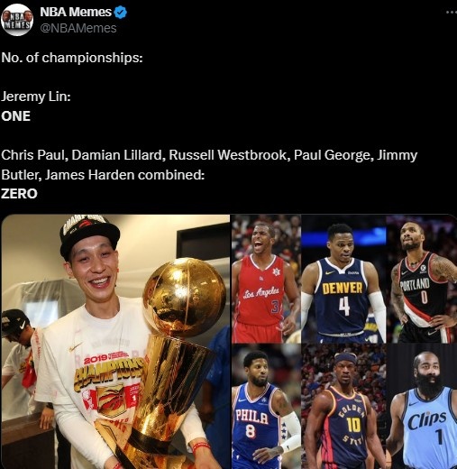 美媒调侃：哈登&保罗&利拉德&威少&乔治等加起来0冠 林书豪有一冠