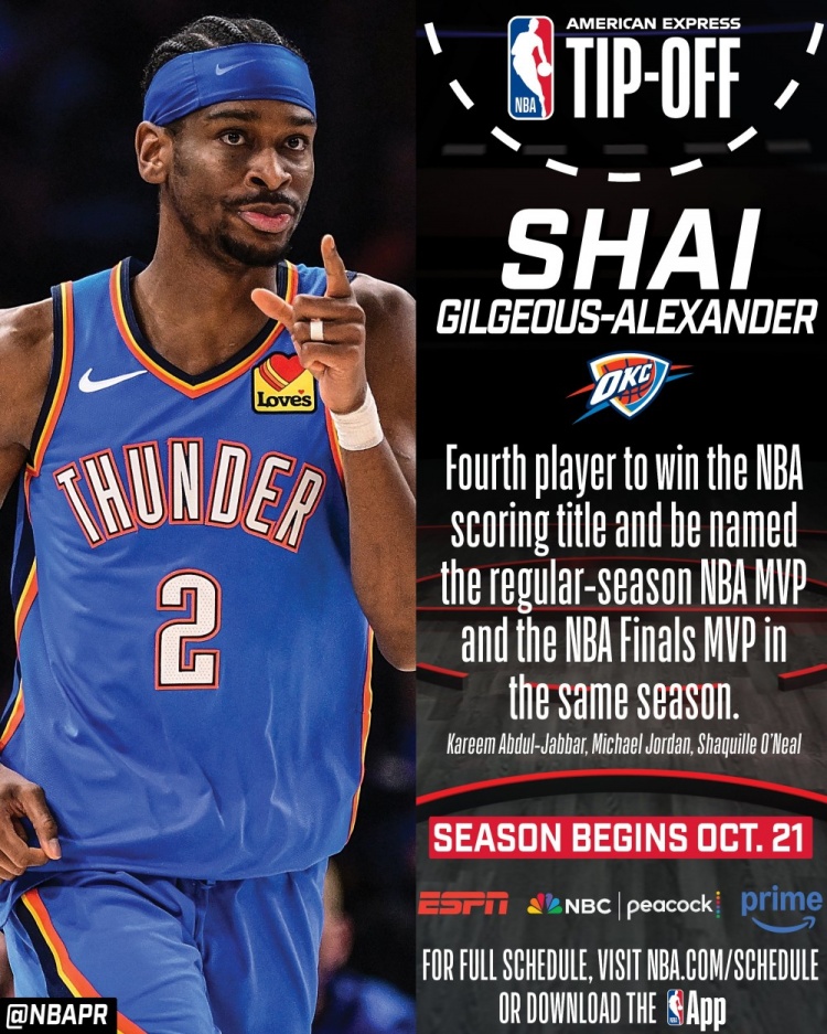 得分+双料MVP+总冠军！NBA官推晒亚历山大上赛季成就 预热揭幕战